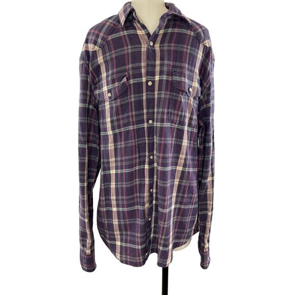 LUCKY BRAND Purple Plaid Western Saturday Classic Fit Button Down Shirt L Large - Picture 1 of 6